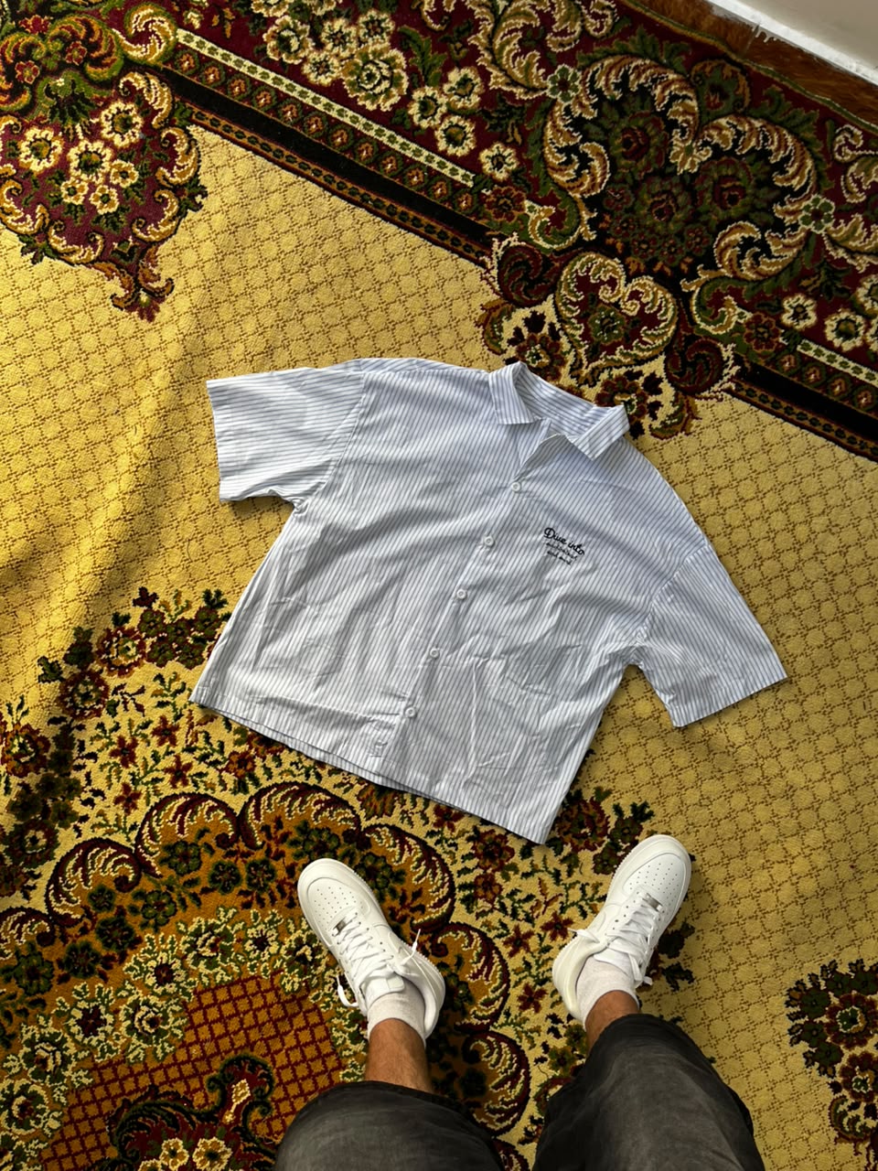 white and blue striped short-sleeve shirt